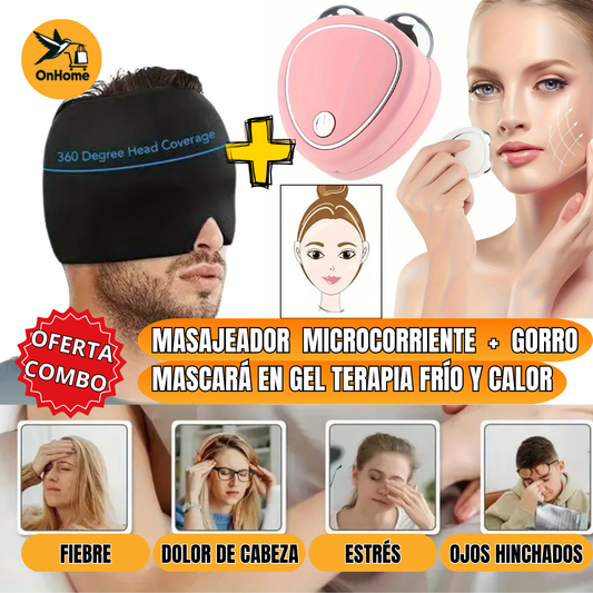 MASAJEADOR MICROCORRIENTE + GORRO MASCARA EN GEL TERAPIA FRÍO Y CALOR
