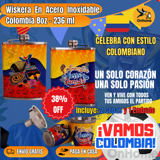 🥃 LICORERA DE ACERO INOXIDABLE: (Elegancia Colombiana) - 8Oz-236ml💛💙❤️